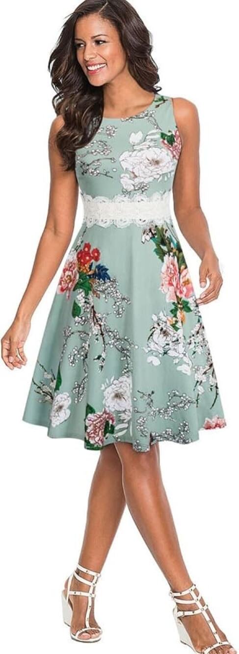Homeyee Mint Green Floral Print Lace Trim Sleeveless Swing Short Dress Size 12